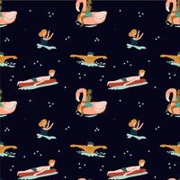 Colorful seamless pattern of diverse cartoon characters swimming and floating vector