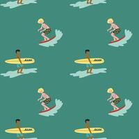 Seamless surf pattern with surfers on waves in vibrant colors vector