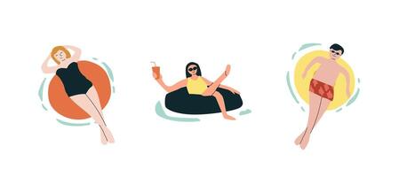 Three people relaxing in pool on inflatable tubes vector