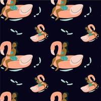 Pattern of hispanic women relaxing on flamingo floats on black background vector