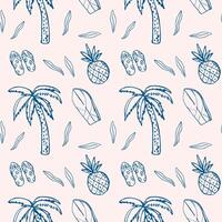 Tropical seamless pattern with palm trees, pineapples, flip flops, leaves, and surfboards vector