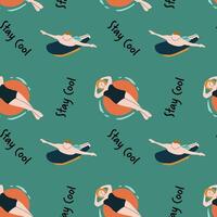 Seamless summer pattern with floating swimmer and 'stay cool' text vector