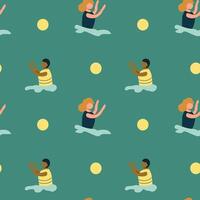 Seamless pattern of diverse people meditating with yoga poses and dots on green background vector
