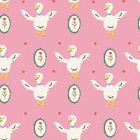 Whimsical cottage core pattern with ducks and floral elements vector