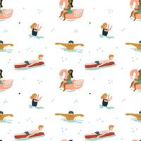 Playful kids swimming and floating with pool inflatables in whimsical pattern vector