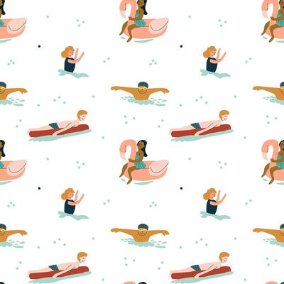 Playful kids swimming and floating with pool inflatables in whimsical pattern