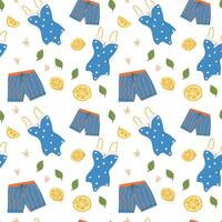 Vibrant summer vacation pattern with swimwear and citrus elements for design projects vector