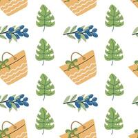 Summer vacation stickers pattern with leaves and picnic baskets for decorative design vector