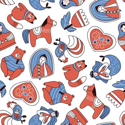 Seamless pattern with folk symbols on white background