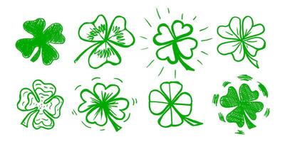 Lucky four, three clover shamrock leaf icon hand drawn style set vector