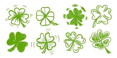 Lucky four, three clover shamrock leaf icon hand drawn style set. vector