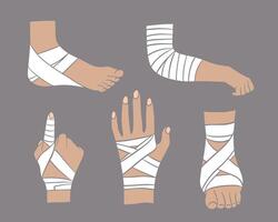 Set of bandaging of a leg and arm. First aid for limb sprains. vector