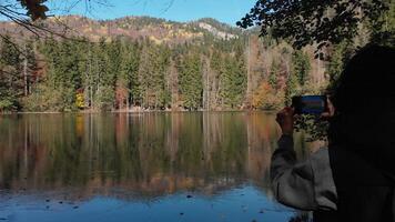 un caminante con un mochila capturas un foto de un calma lago rodeado por otoño follaje, reflejando el colores de caer. video