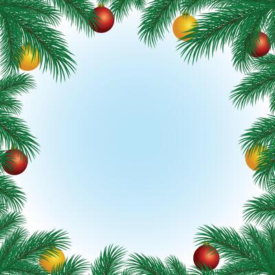 The frame with branches of pine tree and Christmas toys.