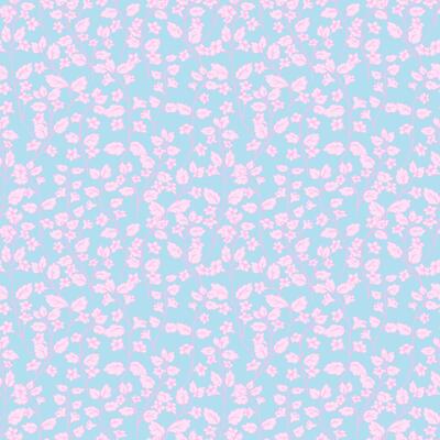Pastel seamless pattern with pink forest flowers and leaves on blue background. Nature Ornament print for packaging, stationery, and botanical themed surface designs, fabric, wallpaper