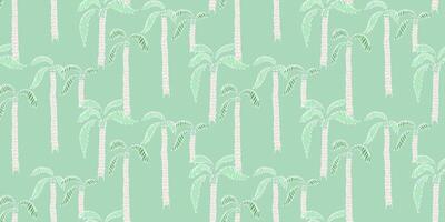 seamless pattern featuring repeating palm trees with textured trunks and green fronds on a light grey, mint background. Perfect for tropical designs, textiles, wallpapers, and digital prints. vector