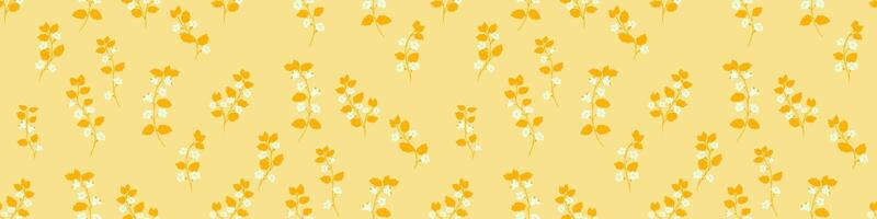 Seamless pattern featuring minimal floral branches with yellow leaves and soft white flowers on a warm beige background. Ideal for textiles, wrapping paper, and spring or summer designs vector