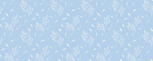 Seamless botanical pattern with delicate tiny branches and small leaves on a pastel, soft blue background. Plain nature ornament for fabric, wallpaper, stationery, packaging, elegant designs vector