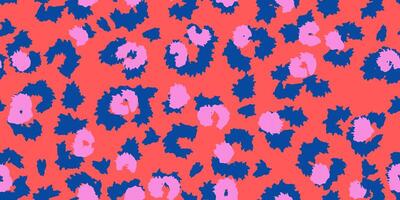 Seamless abstract leopard print pattern with bold coral background and playful blue and pink spots. Trendy design perfect for fashion, textile, packaging, and modern branding projects vector