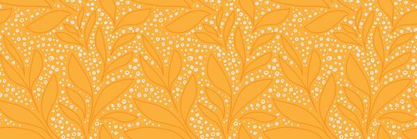 Seamless pattern with abstract botanical leaves outlined on a yellow background, accented with hand drawn white dots. Simple trendy design for textiles, packaging, wallpaper vector