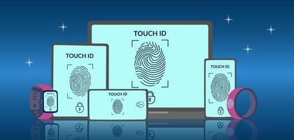 Technology concept banner. Set of gadgets with touch id authorization. Fingerprint scanning system. Biometric authentication. vector
