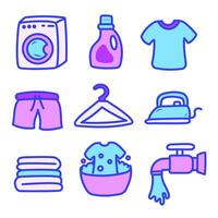 Set of colorful laundry doodle illustrations on a white background. Colorful hand-drawn laundry elements vector