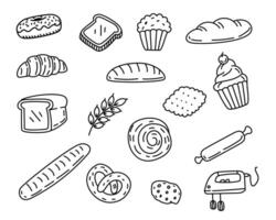 Set of bakery doodle illustration on white background. Hand-drawn bakery elements collection. vector