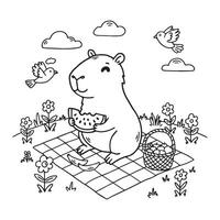 Capybara enjoying a picnic with watermelon. to colour vector