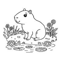 Charming Capybara Sitting by the Pond with Lily Pads and Flowers. to colour vector