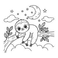 cute sloth hanging in the tree with moon illustration design. to colour vector