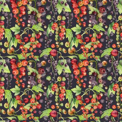 Currant gooseberry cluster bunch raceme with leaves, ripe garden berry casseille jostaberry juneberry. Seamless pattern isolated on dark, watercolor hand drawn. Seasonal menu, fabric, wrapping paper