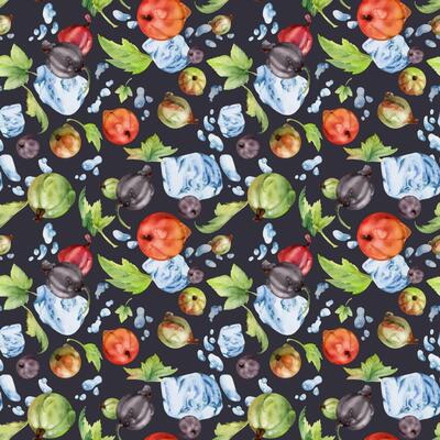 Currant gooseberry flying in water splash, leaves, ice cubes, dew drops, ripe garden juneberry casseille jostaberry. Seamless pattern isolated on dark, hand drawn in watercolor. Craft drinks, grocery