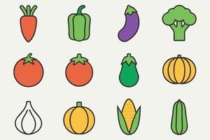 Twelve vegetable icons set featuring carrot and tomato illustrations for design projects vector