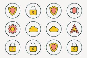 Twelve cybersecurity icons featuring a shield and firewall for digital security design vector