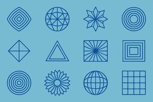 Twelve abstract icon designs featuring swirl cube arc and cross motifs in a versatile set vector