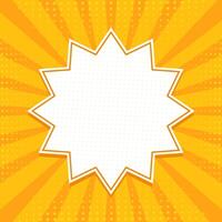 Pop art style template with blank geometric shape for text. Comic background with halftone, rays and dots vector