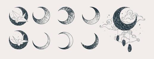 Moon in different shape or phase, crescents decorated with paper cranes and crystal. Set of celestial elements vector
