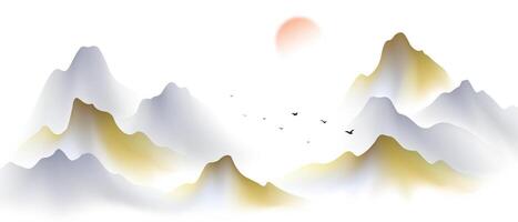 A painting of a mountain range with birds flying over it vector