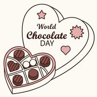 A charming graphic celebrating World Chocolate Day features a heart-shaped box overflowing with delectable chocolates alongside a larger heart design vector