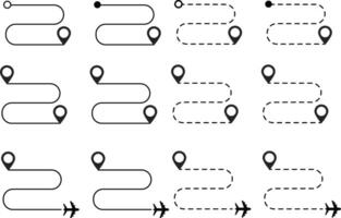 Route start and finish point icon. air plane route dash line route with location pin. plane symbol vector