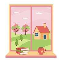 Spring window. Spring with autumn landscape and on the sill a book and cup. Spring scenery with village. vector