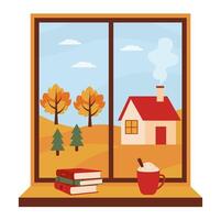 Autumn window. Window with autumn landscape and on the sill a book and cup. Fall scenery with village. vector
