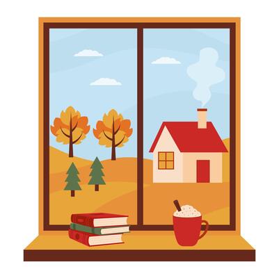 Autumn window. Window with autumn landscape and on the sill a book and cup. Fall scenery with village.