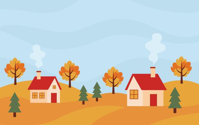 Autumn scenery with village. Background with fall season. Autumn landscape.