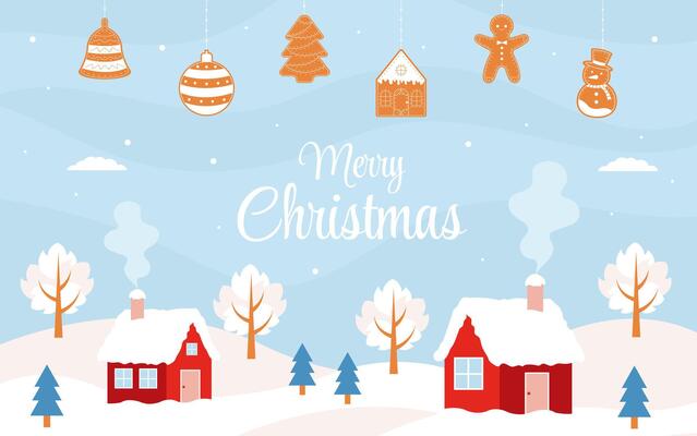 Christmas landscape. Winter scenery with village. Merry christmas background with cute winter landscape and gingerbreads.