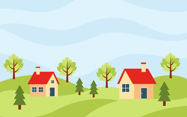 Background with summer season. Summer landscape. Summer scenery with village.