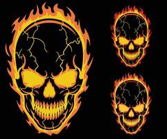 A graphic representation of a skull lit with surrounding flames. vector