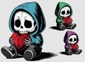 A skeleton with a look of sadness holding a broken heart that has been stitched. vector