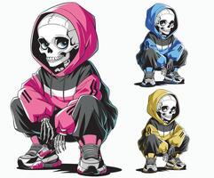 Crouching skeleton girl in a hoodie with a sweet and charming vibe. Easy customizable design. vector