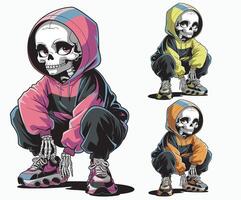 Illustration of an adorable girl skeleton in a crouching pose with a hoodie on. An easy customizable design. vector